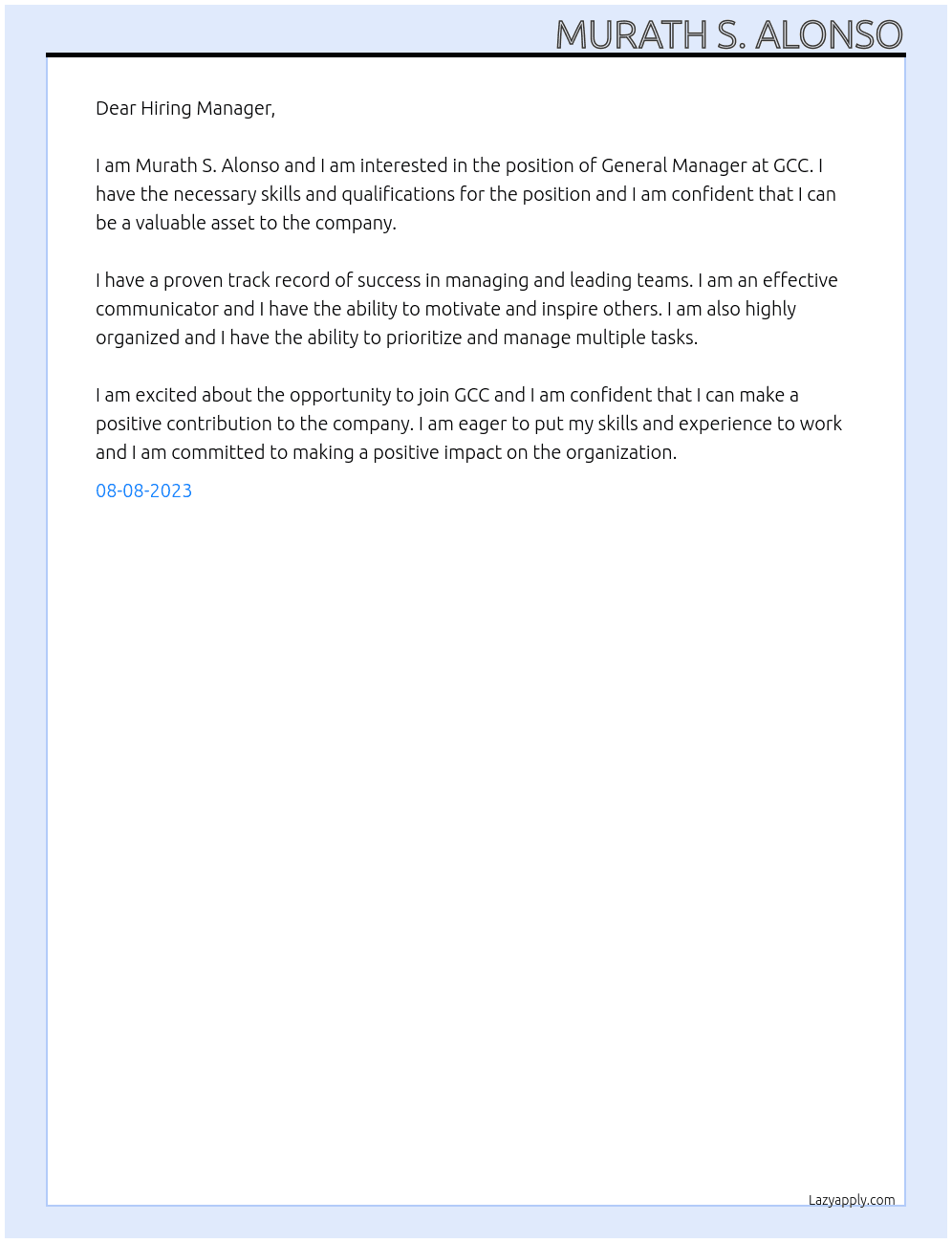 General Manager At GCC Cover Letter