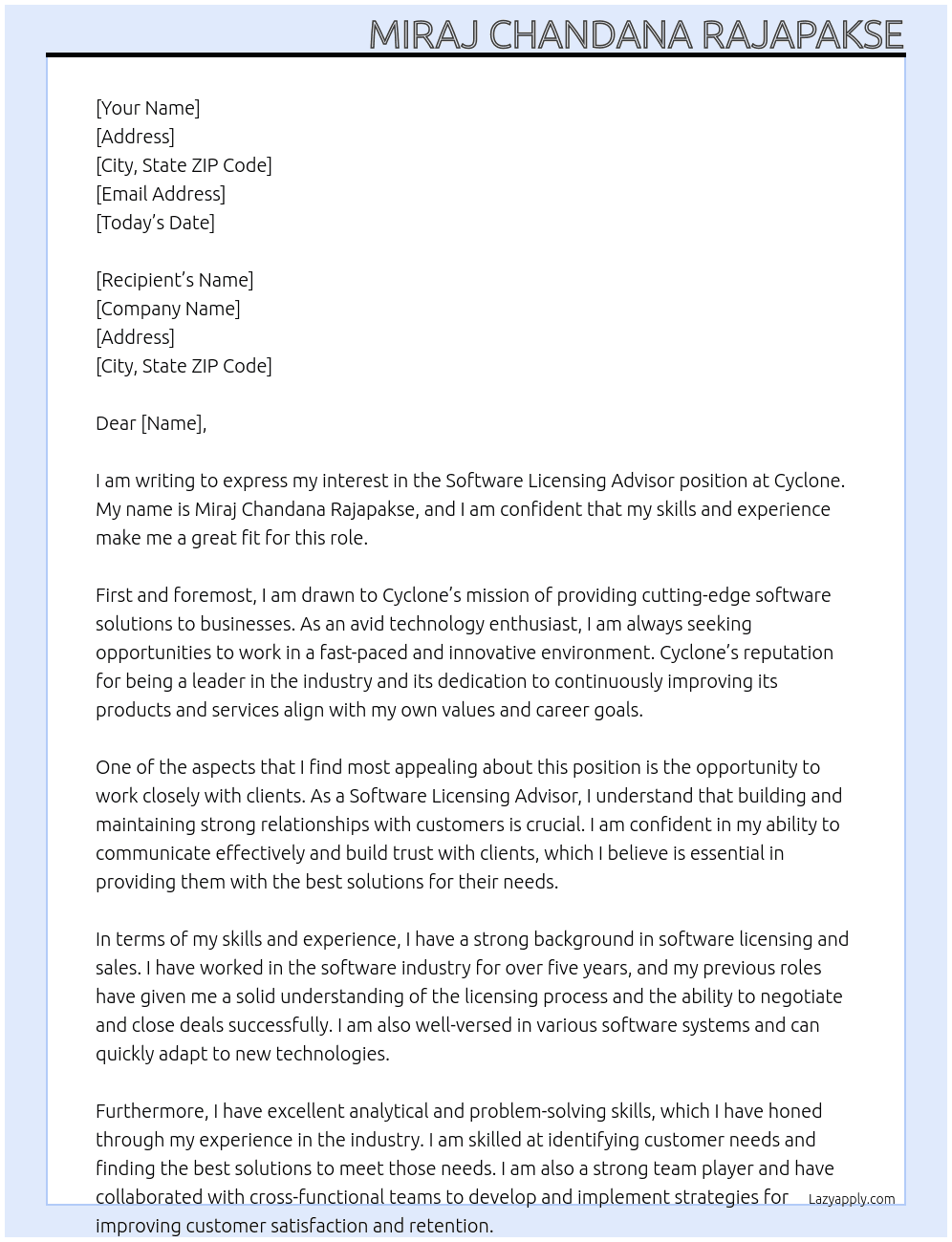 Cover letter for software licensing advisor - LazyApply