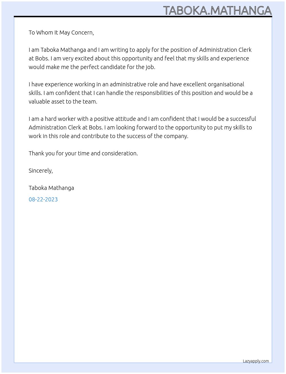 administration clerk  At bobs  Cover Letter