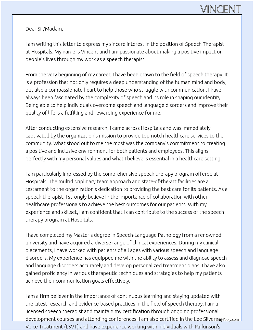 speech therapist At hospitals Cover Letter