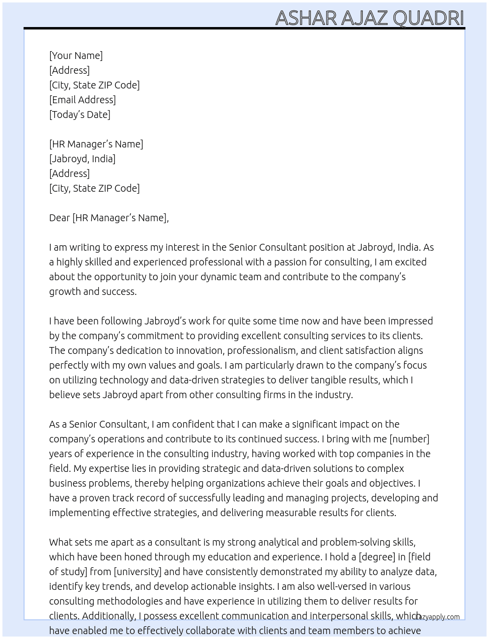 Senior Consultant  At Jabroyd , India  Cover Letter