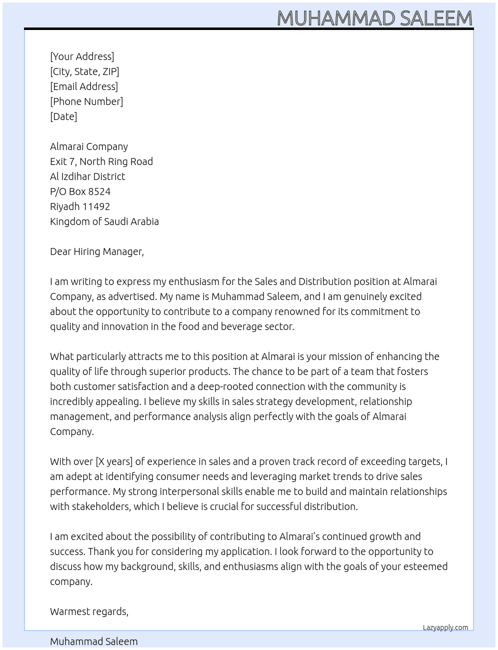 Sales and Distribution At Almarai Company Cover Letter