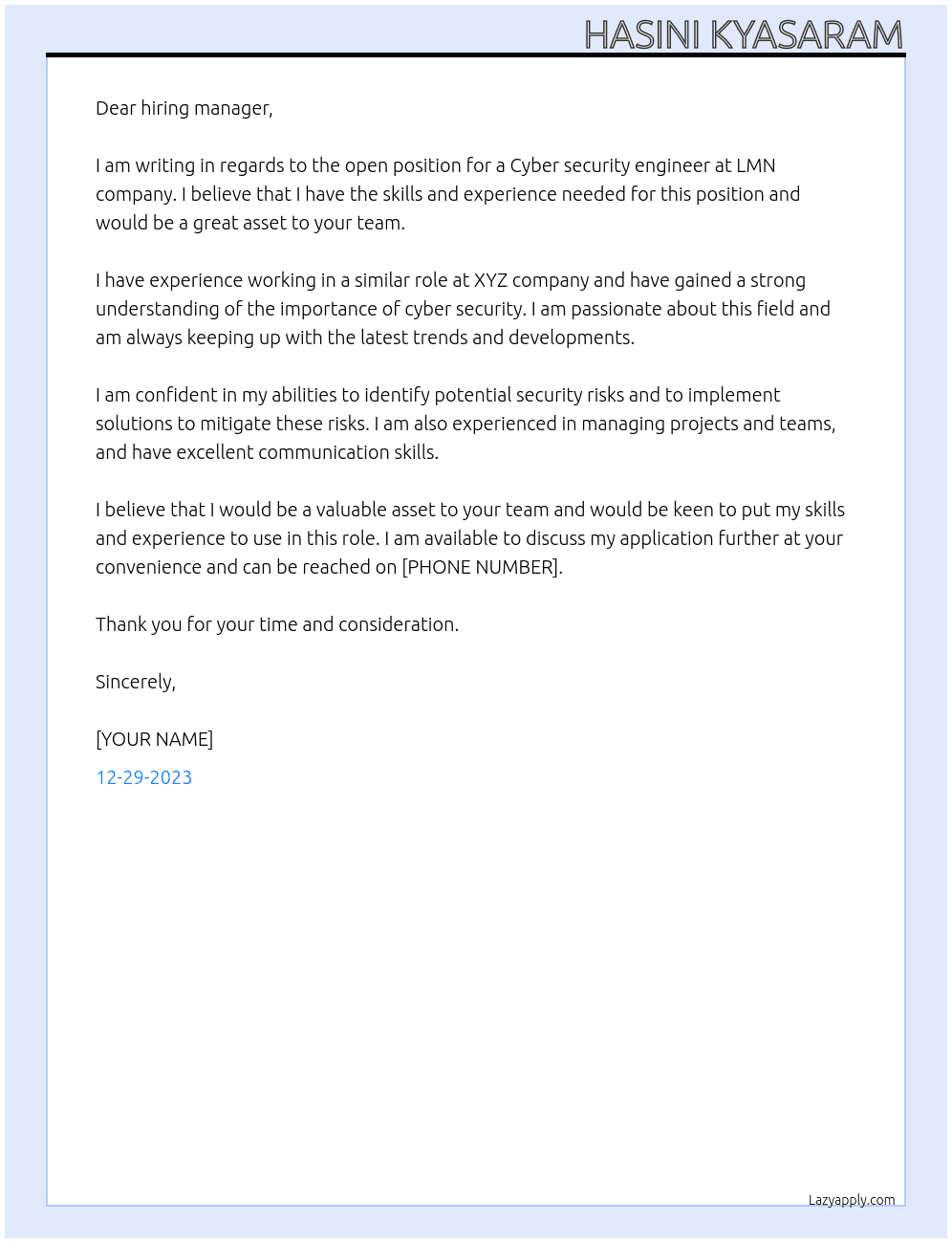 Cyber security engineer  At LMN company Cover Letter