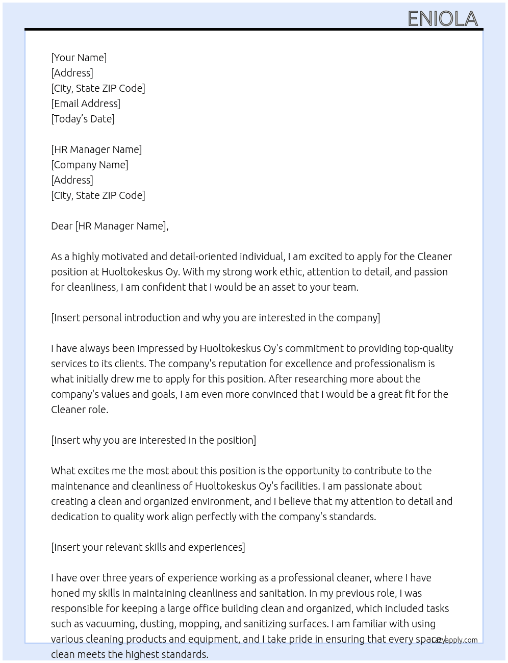 Cleaner At HUOLTOKESKUS OY  Cover Letter