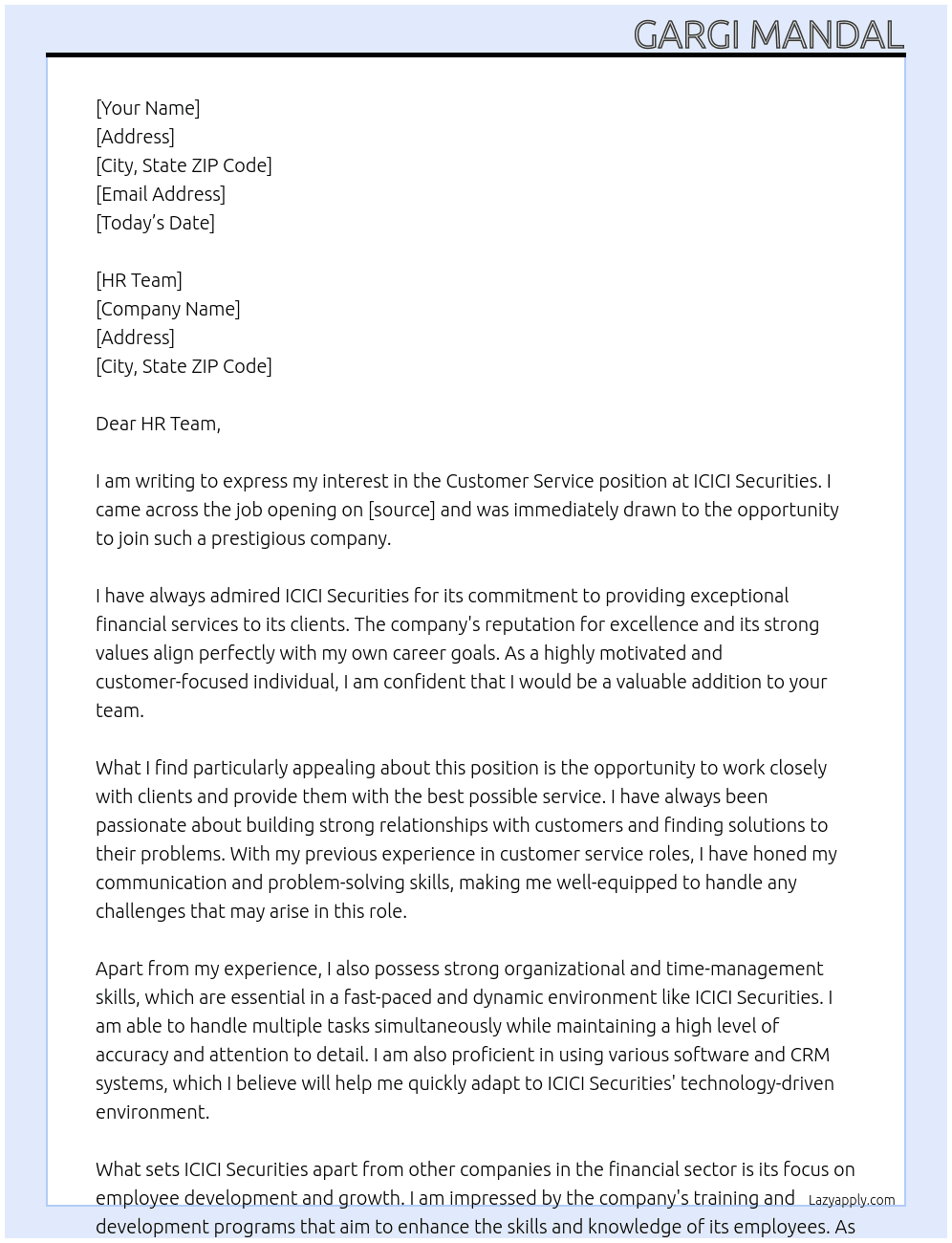 customer service At ICICI Securities Cover Letter