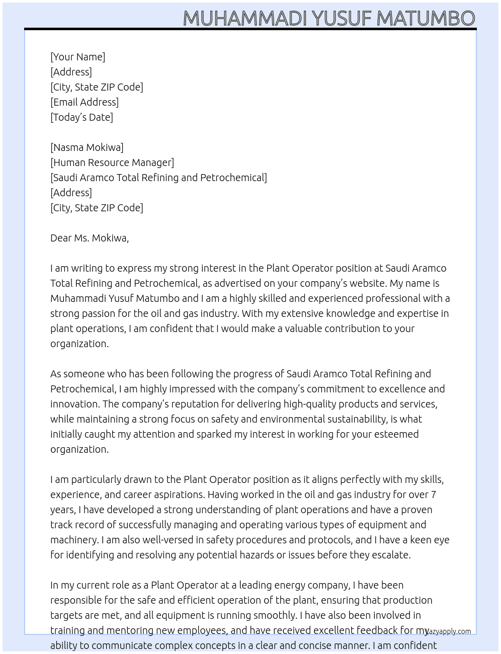 plant operator At Saudi Aramco Total Refining and Petrochemical Cover Letter