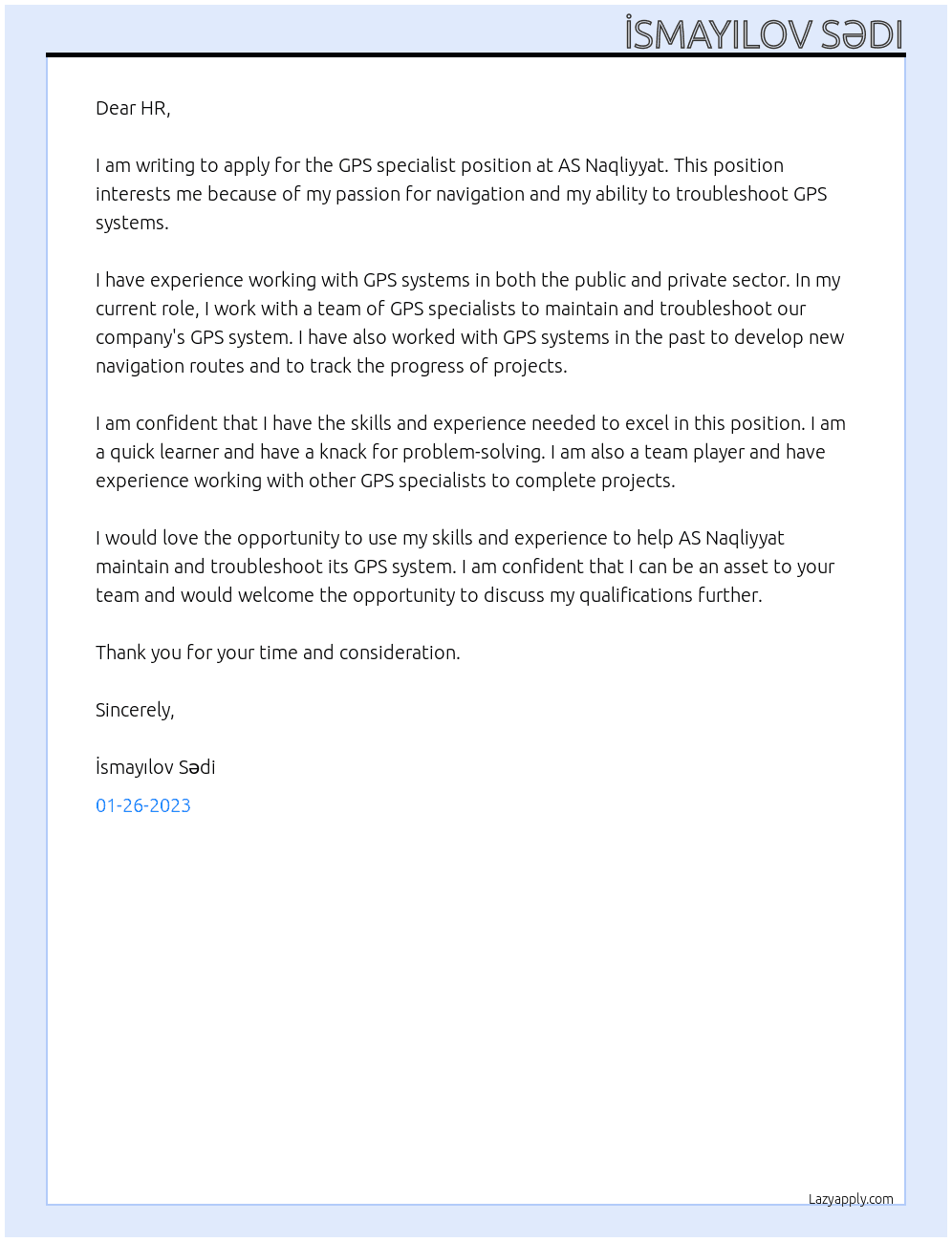 Cover letter for gps specialist - LazyApply