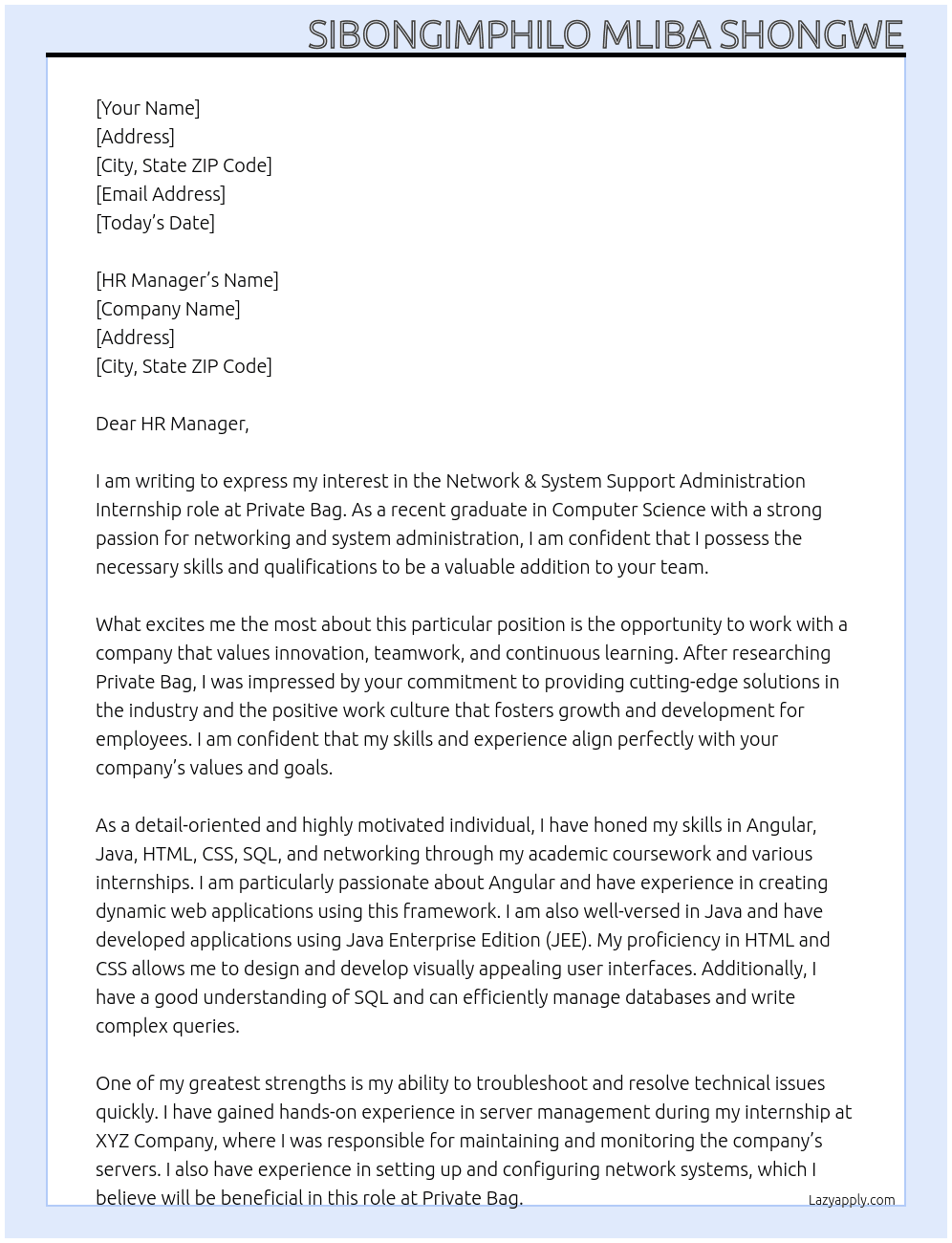 Network & System Support Administration At Private Bag Cover Letter