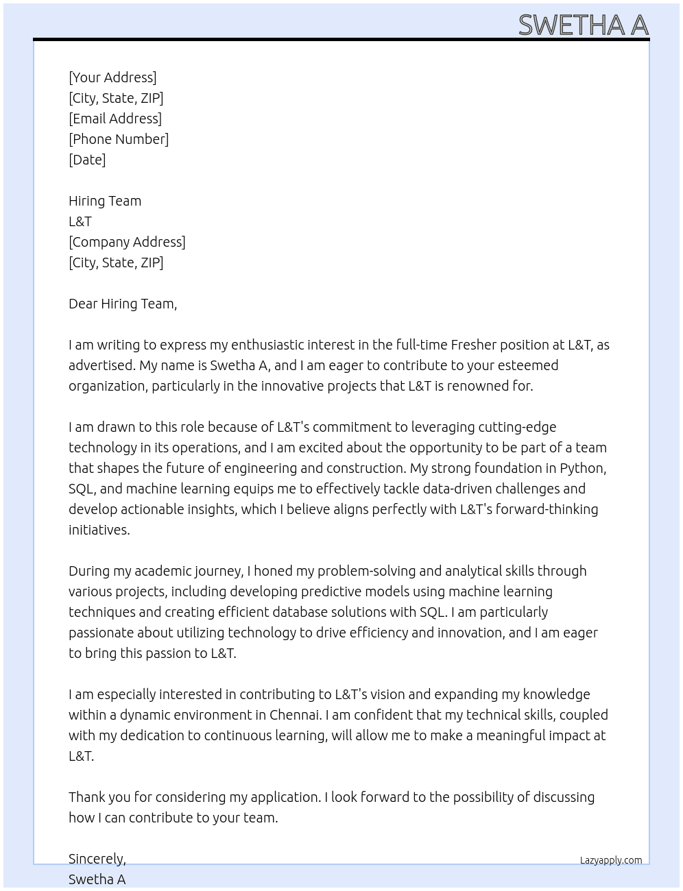 Fresher At L&T Cover Letter