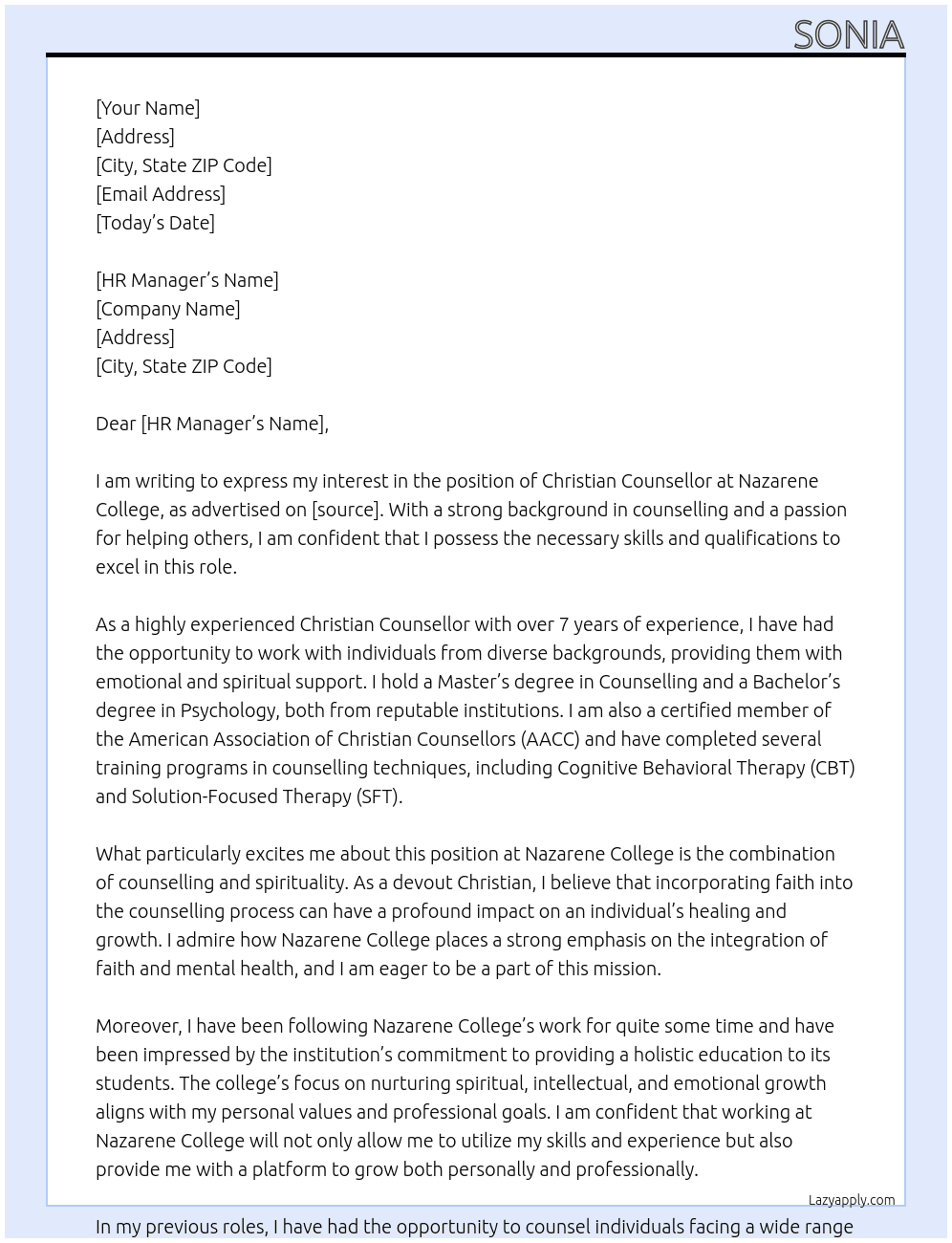 christian counsellor At nazarene college Cover Letter