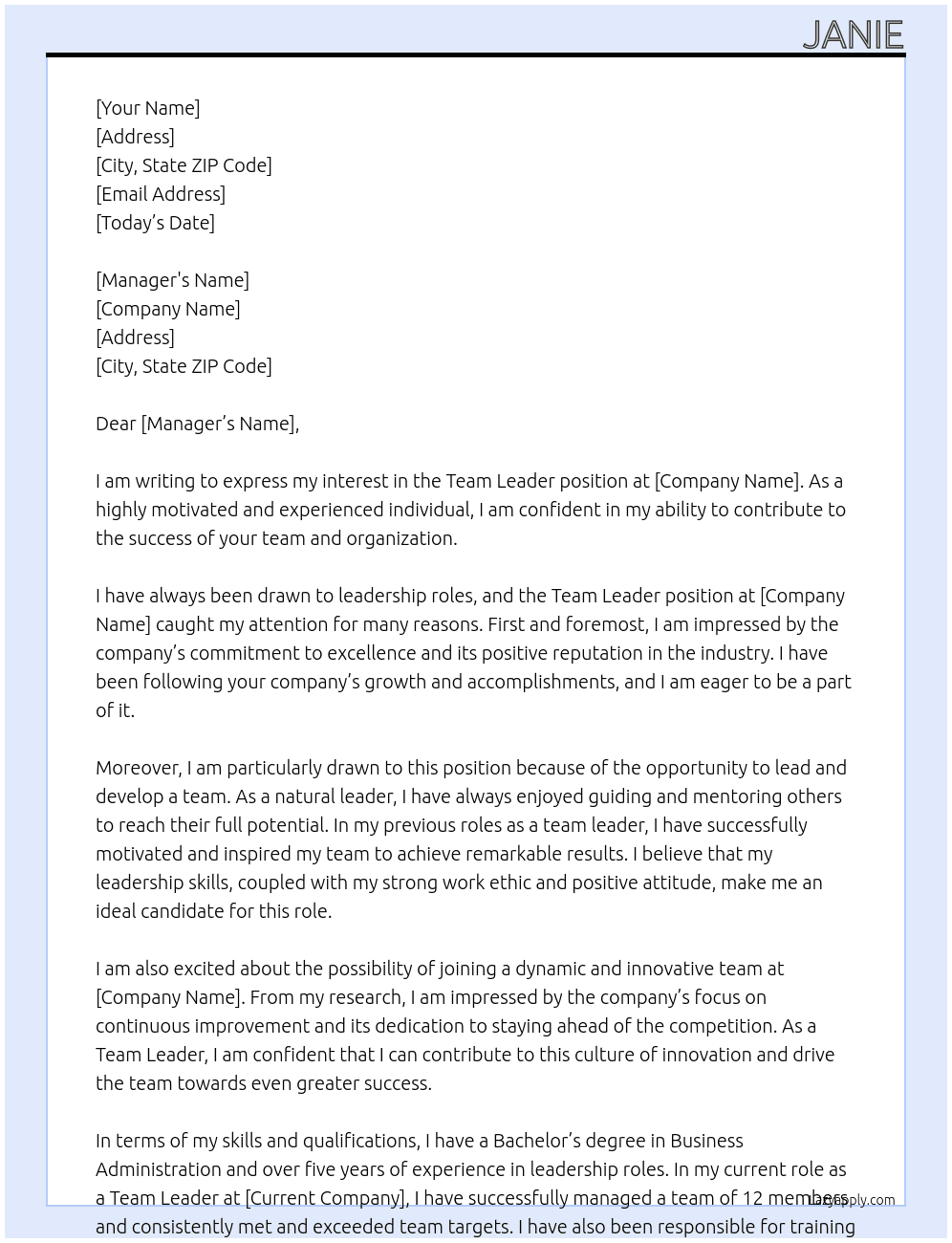 Team leader At Team Leader Cover Letter
