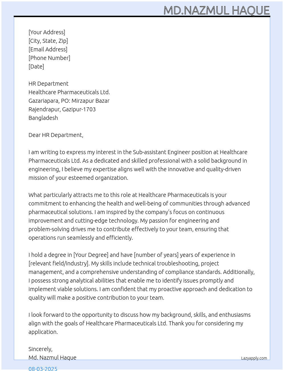 Cover letter for sub-assistance engineer - LazyApply