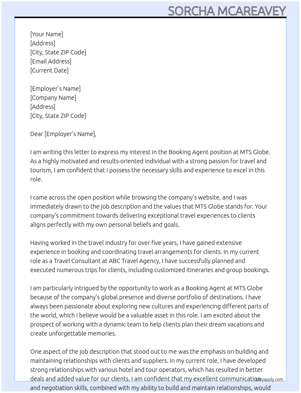 Booking Agent At MTS Globe Cover Letter