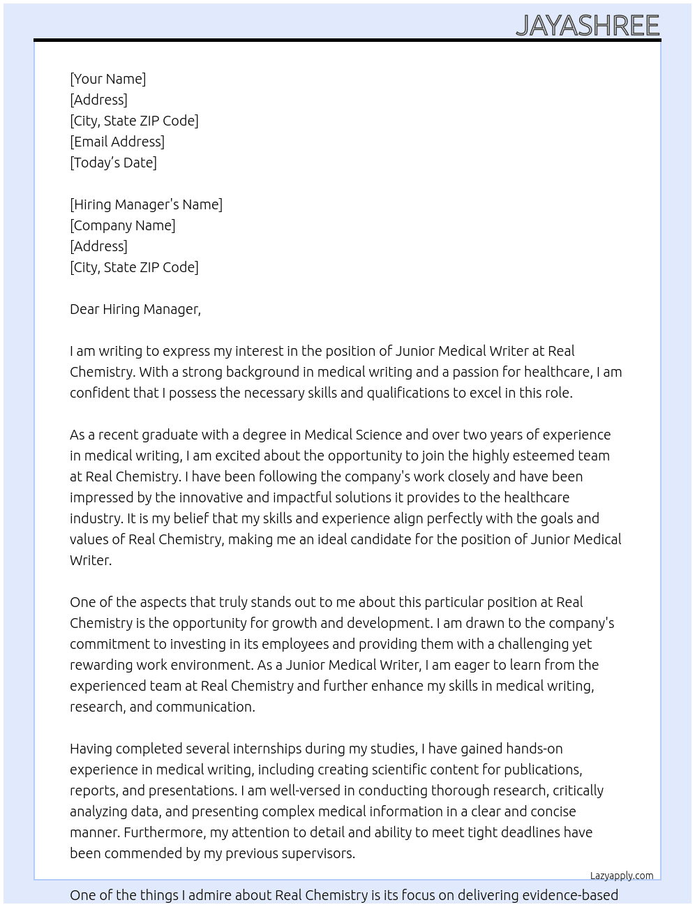 junior medical writer  At Real Chemistry Cover Letter