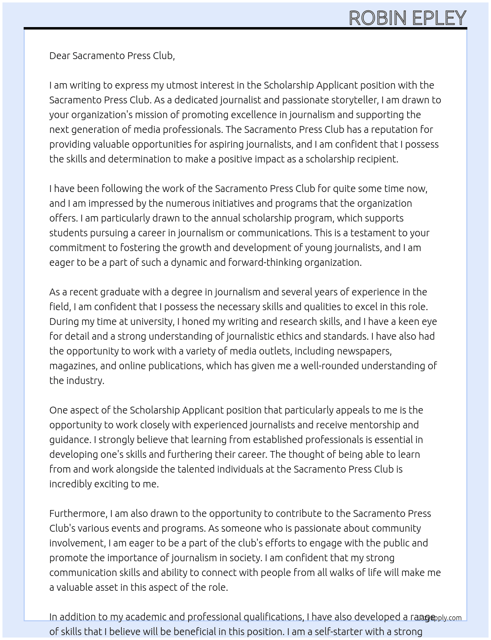 Scholarship applicant At Sacramento Press Club Cover Letter