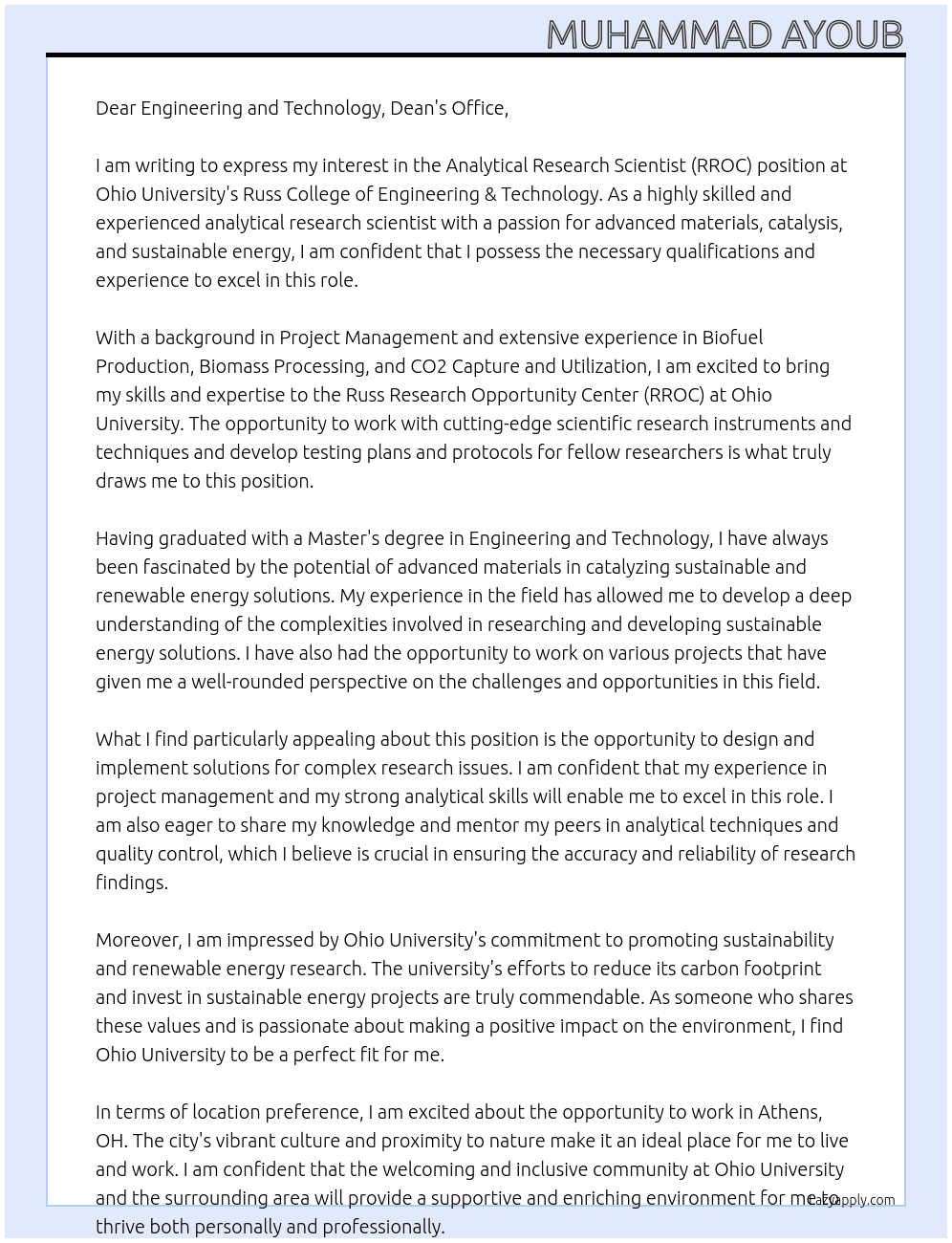 Analytical Research Scientist (RROC) 20166103S At Ohio University, USA Cover Letter
