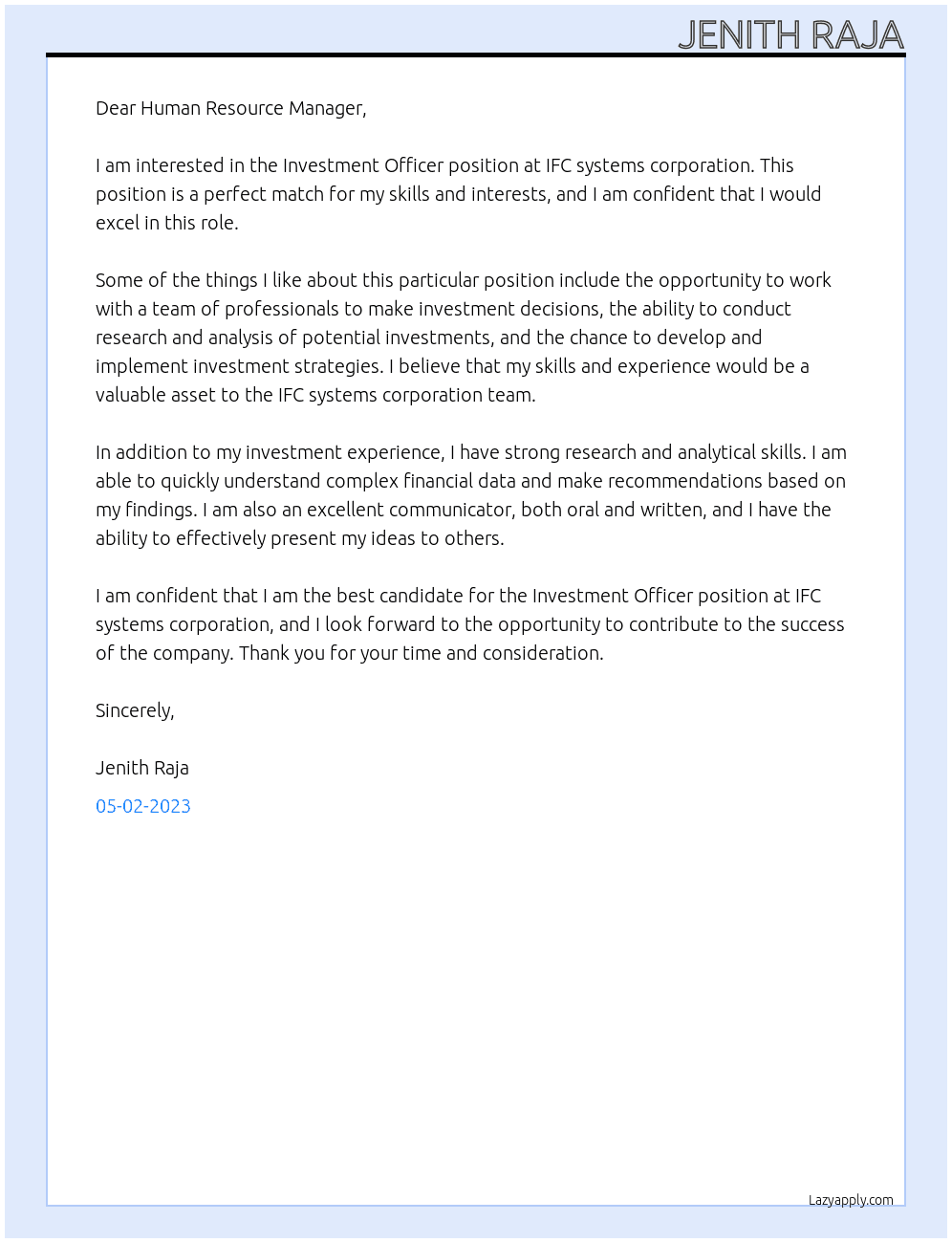 Investment Officer At IFC systems corporation Cover Letter