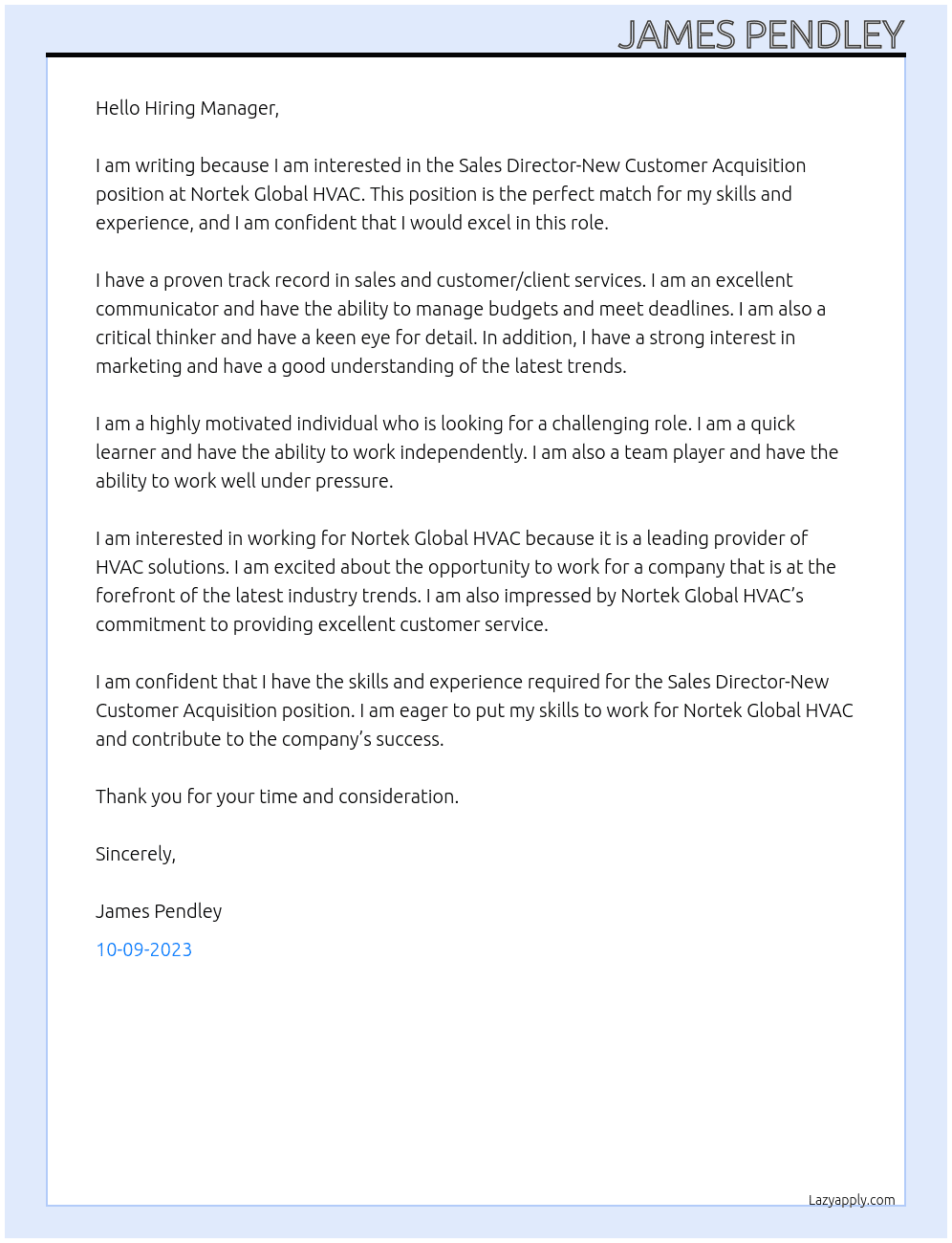 Sales Director-New Customer Acquisition At Nortek Global HVAC Cover Letter