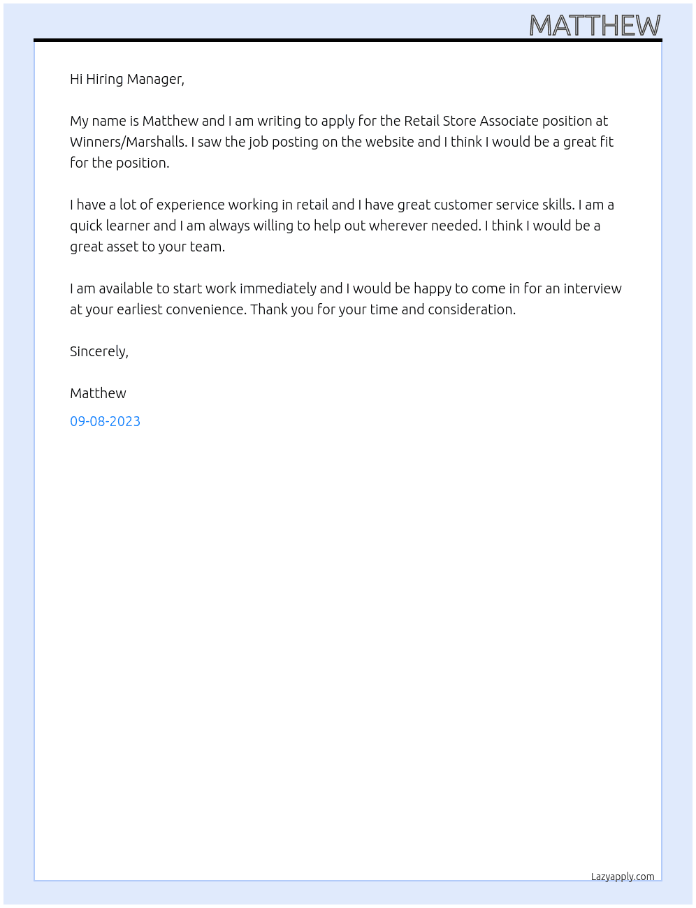 Retail Store Associate  At Winners/Marshalls Cover Letter