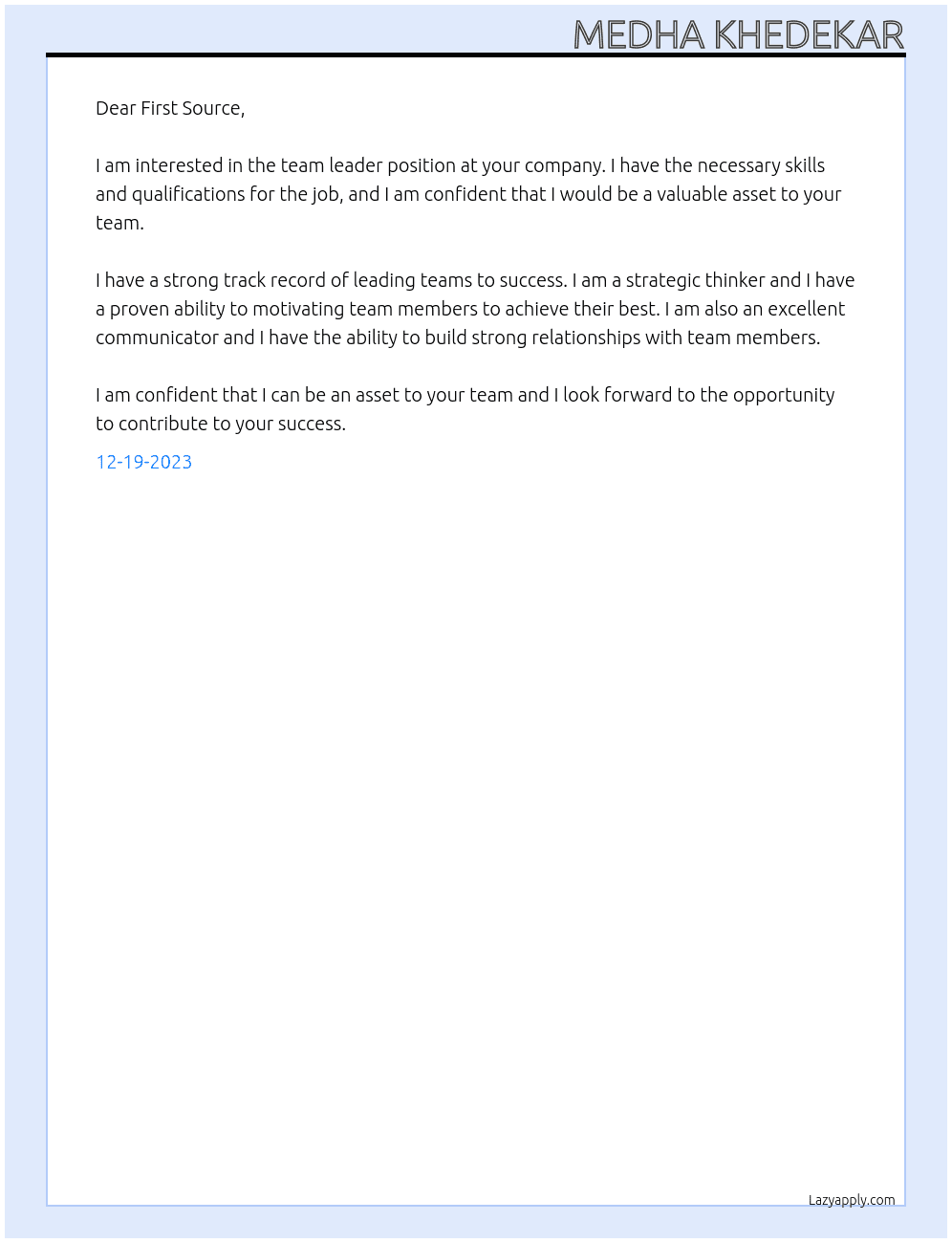 Team leader At First source Cover Letter