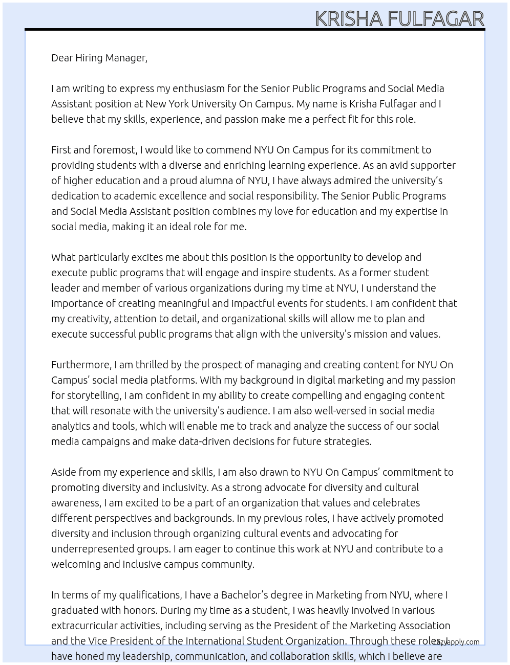 Senior Public Programs and Social Media Assistant  At New York University On Campus Cover Letter