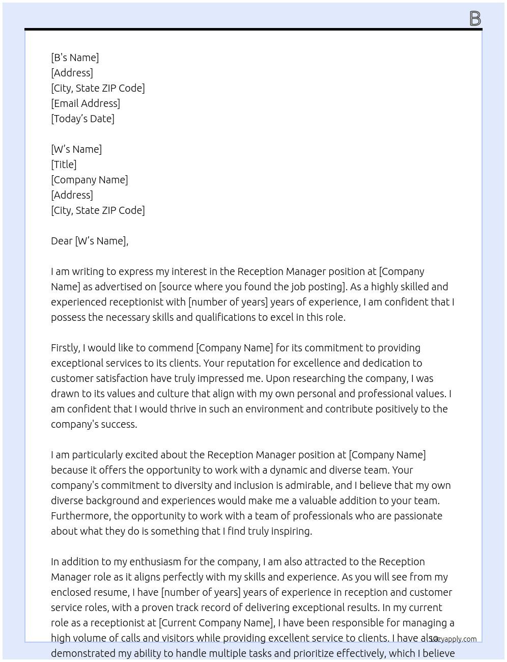 reception manager At d Cover Letter