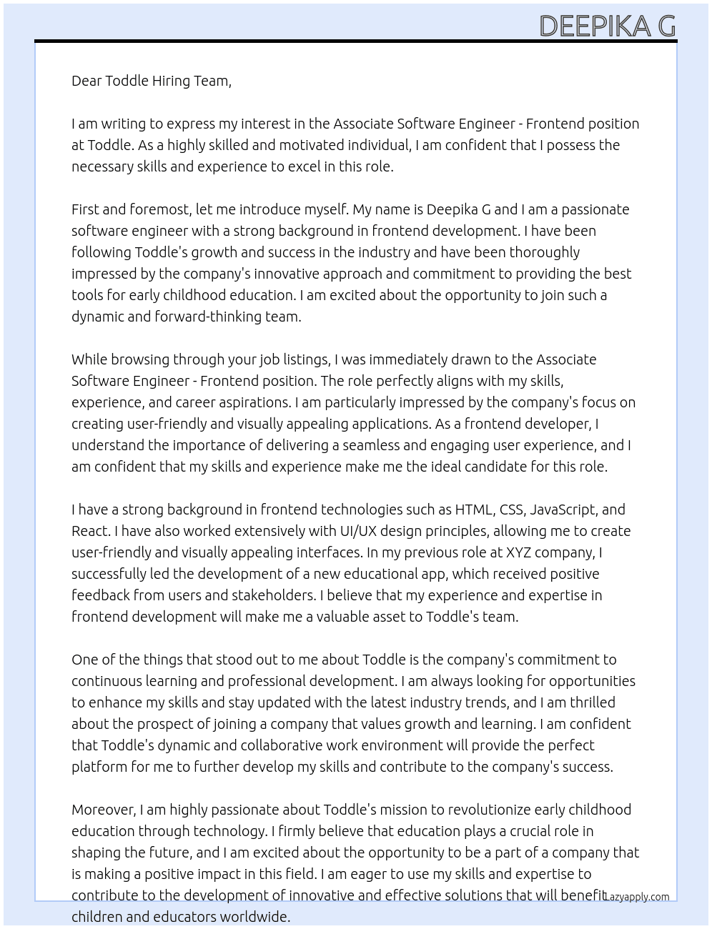 associate software engineer - frontend At toddle Cover Letter