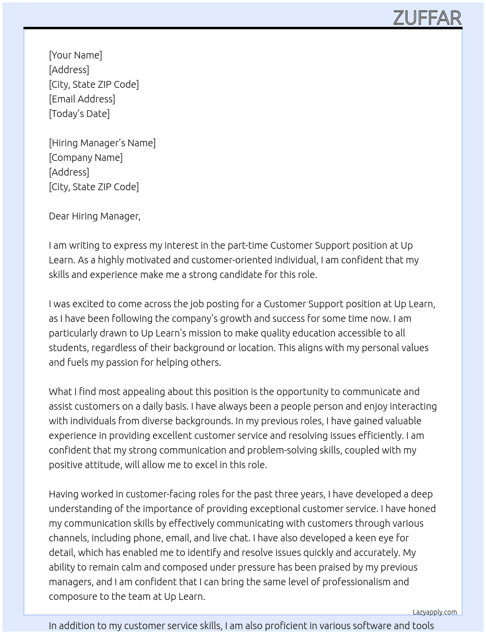 customer support At Up Learn Cover Letter
