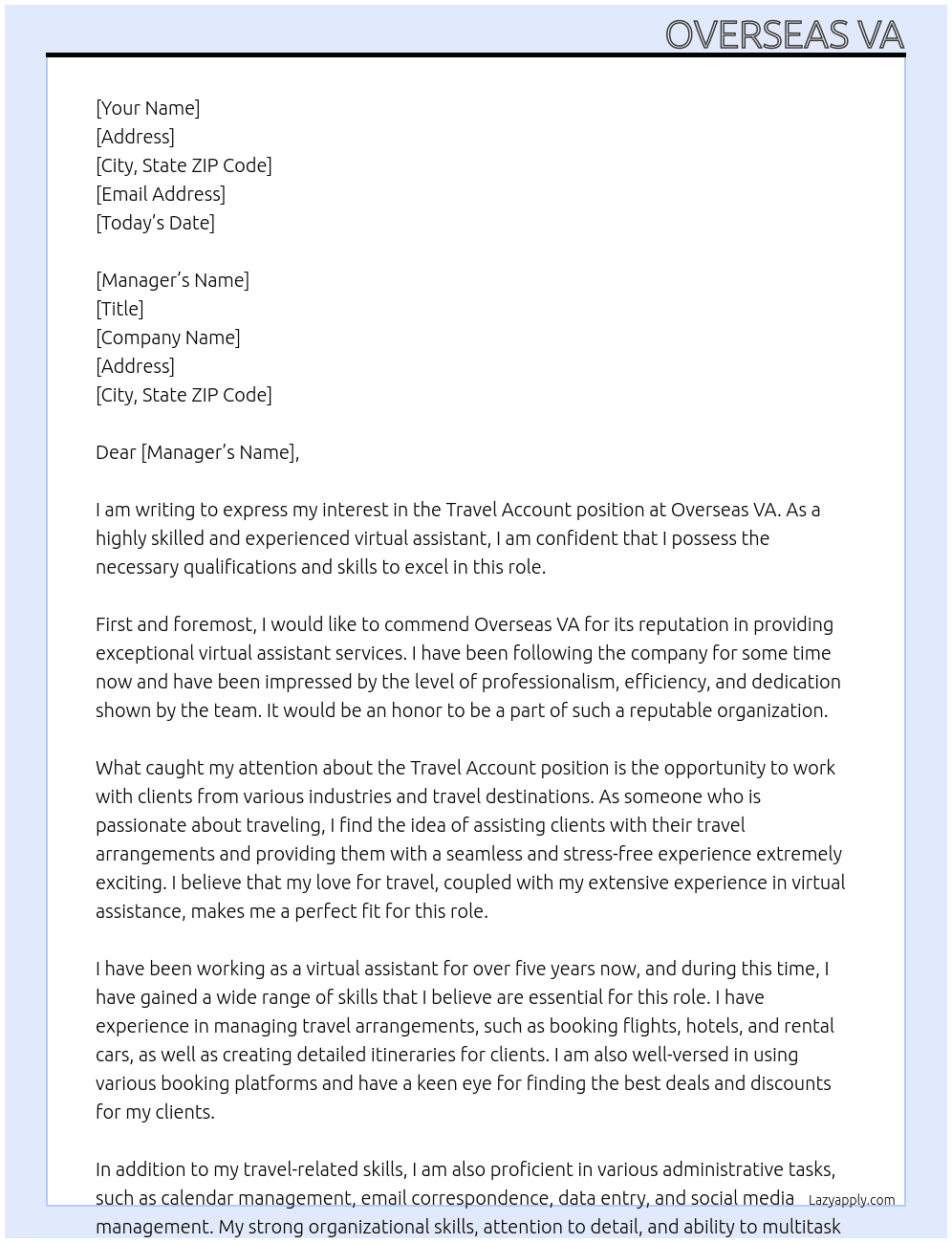 Travel Account  At Overseas VA Cover Letter
