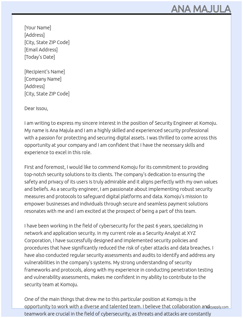 security engineer At Komoju Cover Letter
