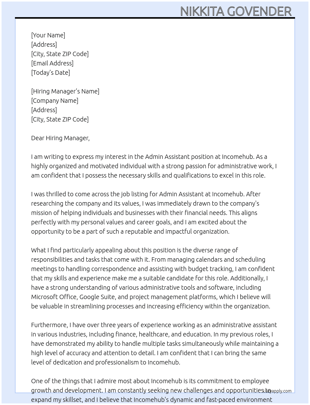 Admin assistant  At Incomehub Cover Letter