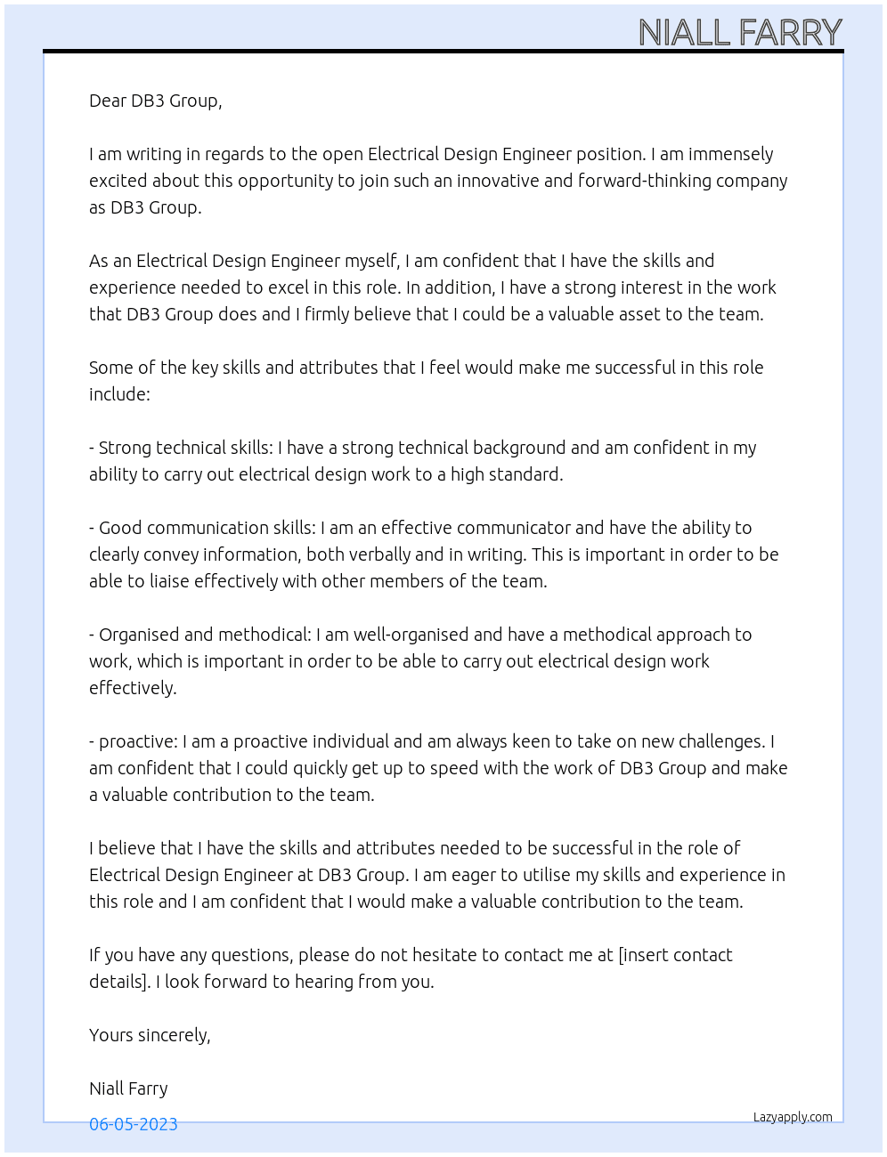 Electrical Design Engineer At DB3 Group Cover Letter