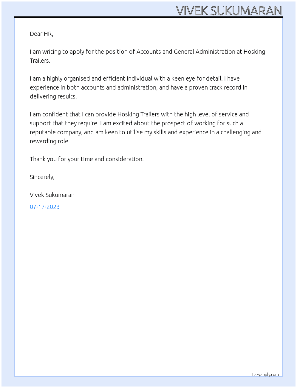 Accounts and general administration At Hosking Trailers Cover Letter