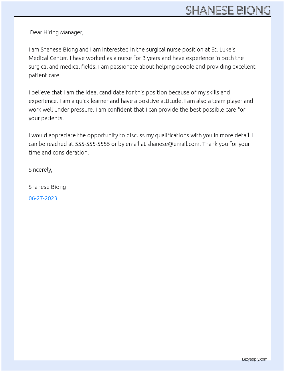 Surgical Nurse At St. Luke's Medical Center Cover Letter
