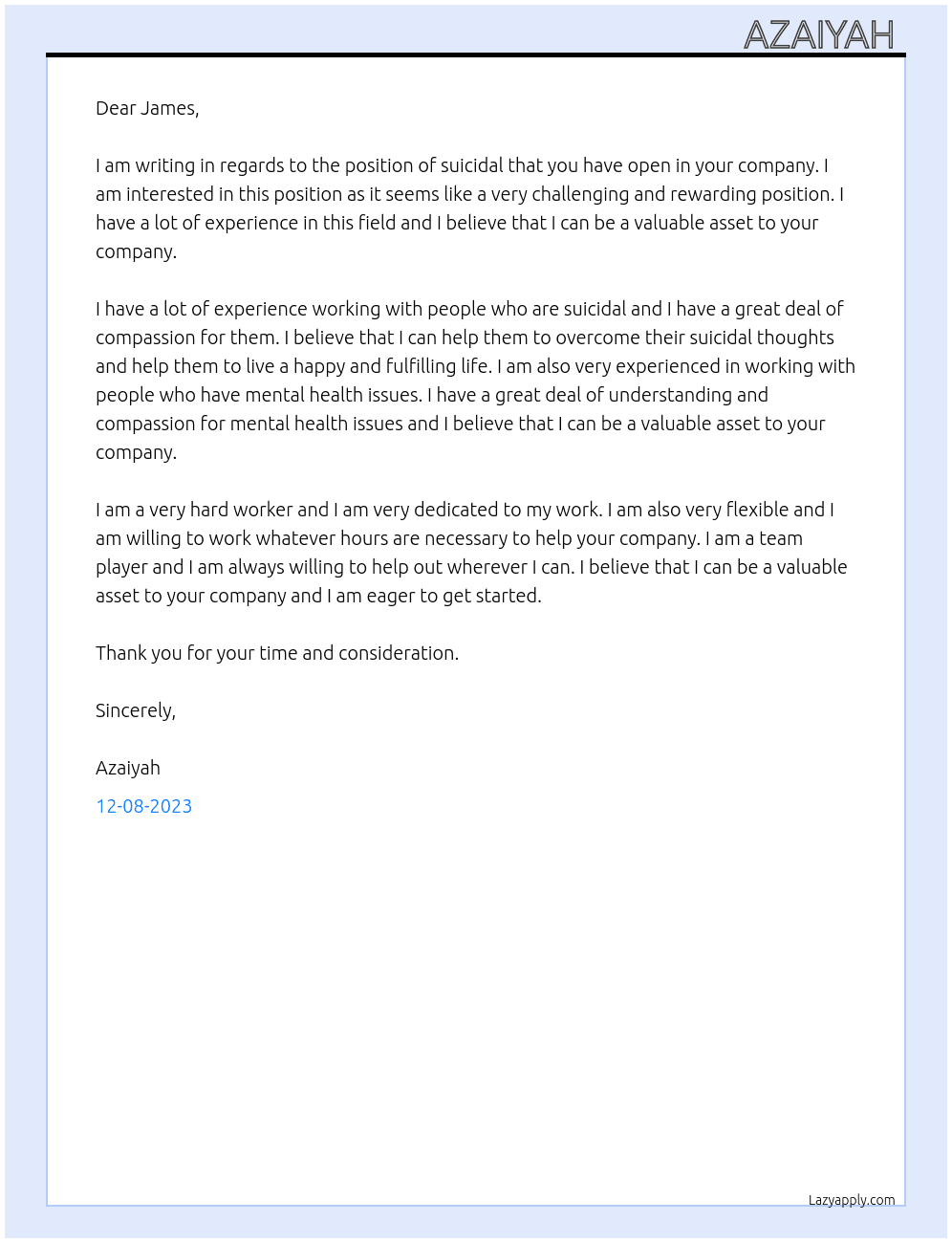 Suicidal  At No job Cover Letter