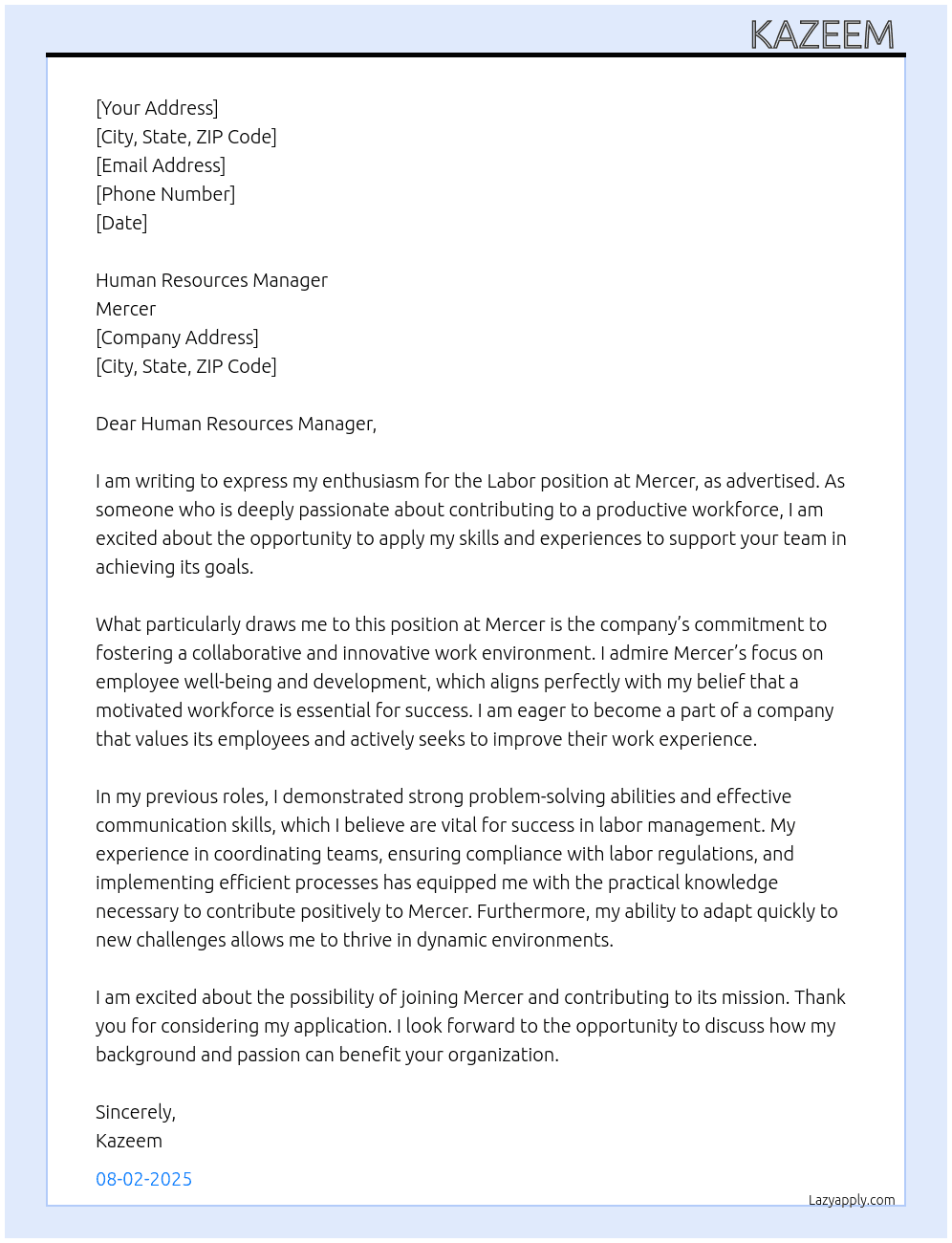 Labor At Mercer Cover Letter