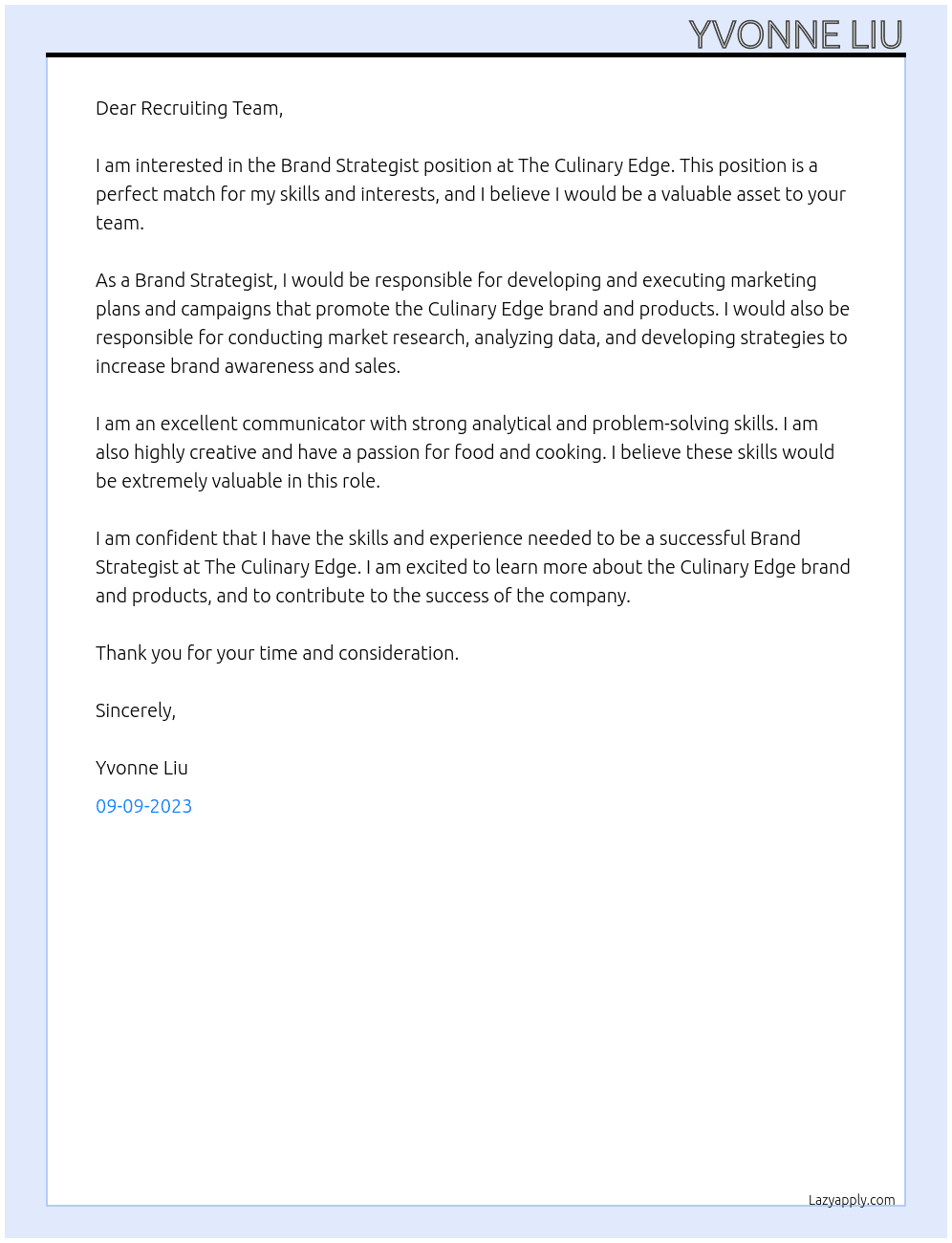 Brand Strategist At The Culinary Edge Cover Letter