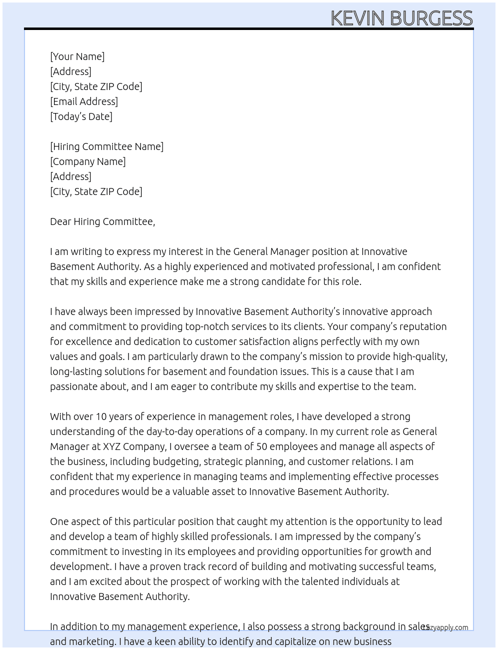 General Manager At Innovative Basement Authority Cover Letter
