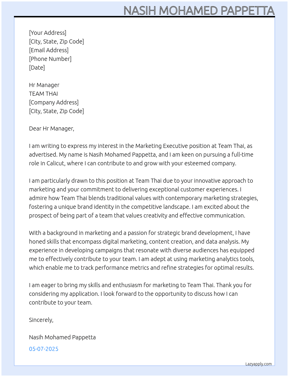 MARKETING EXECUTIVE At TEAM THAI Cover Letter