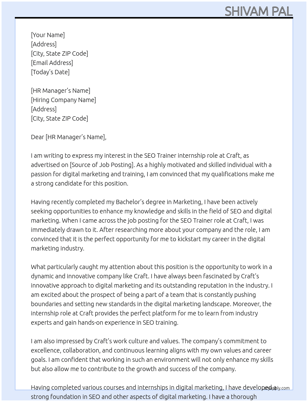 SEO Trainer At Craft  Cover Letter