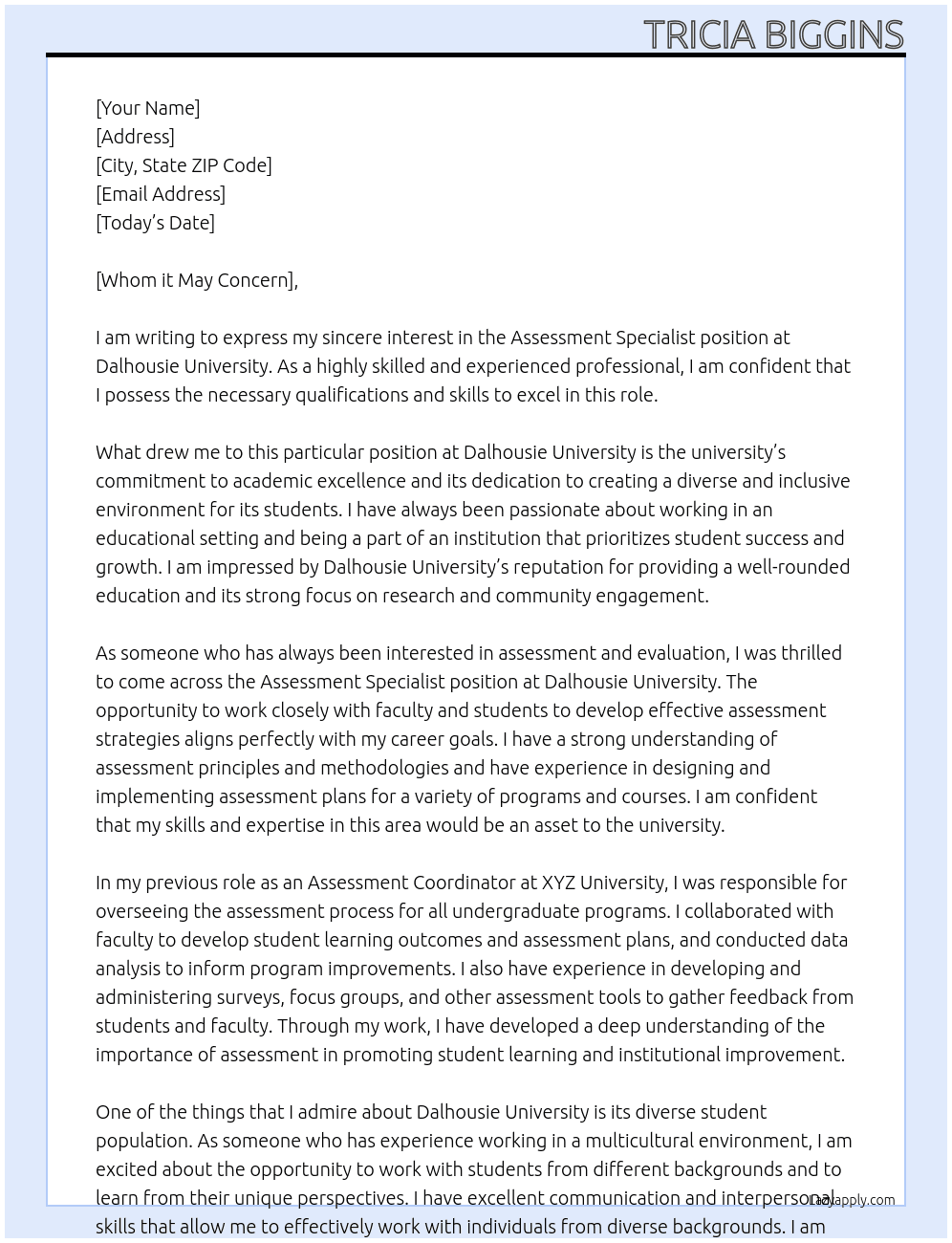 Assessment Specialist At Dalhousie University Cover Letter