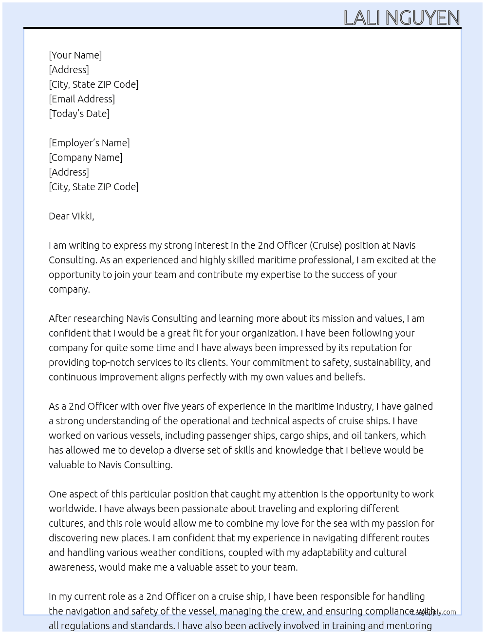 2ND OFFICER (CRUISE) – WORLDWIDE  At Navis Consulting  Cover Letter