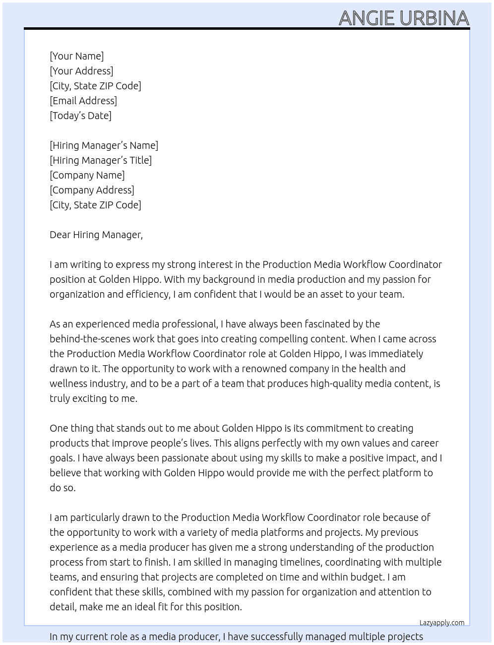 Cover letter for production media workflow coordinator - LazyApply