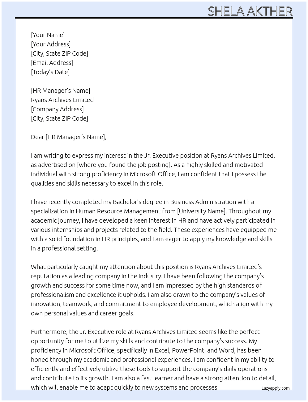  Jr. Executive At Ryans Archives Limited Cover Letter