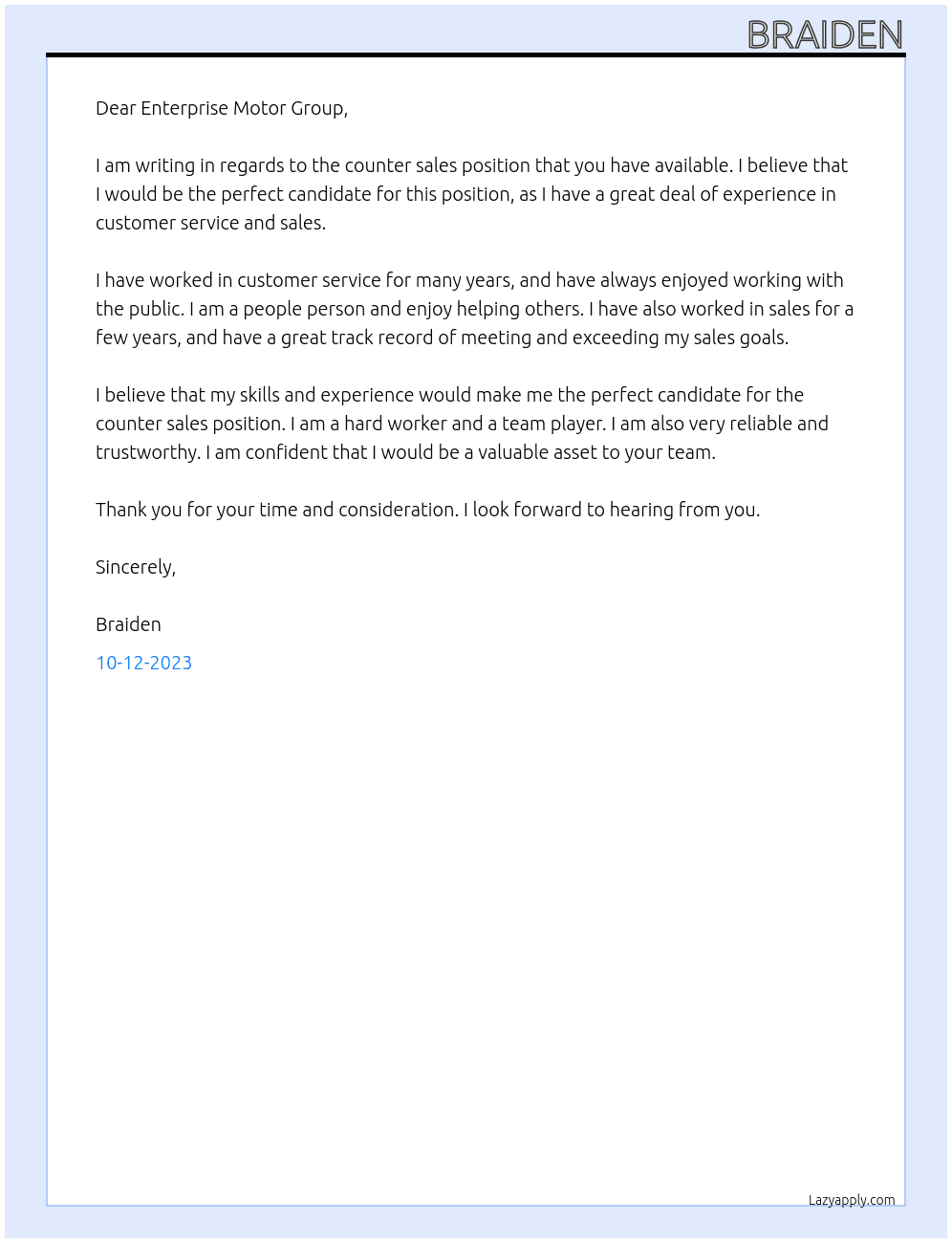Counter sales At Enterprise Motor Group Cover Letter