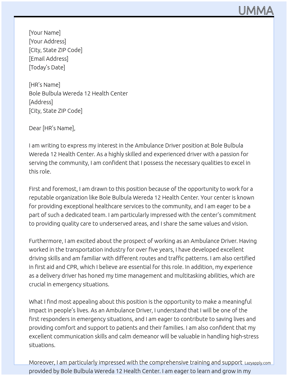 Ambulance Driver  At Bole bulbula wereda 12 health center  Cover Letter
