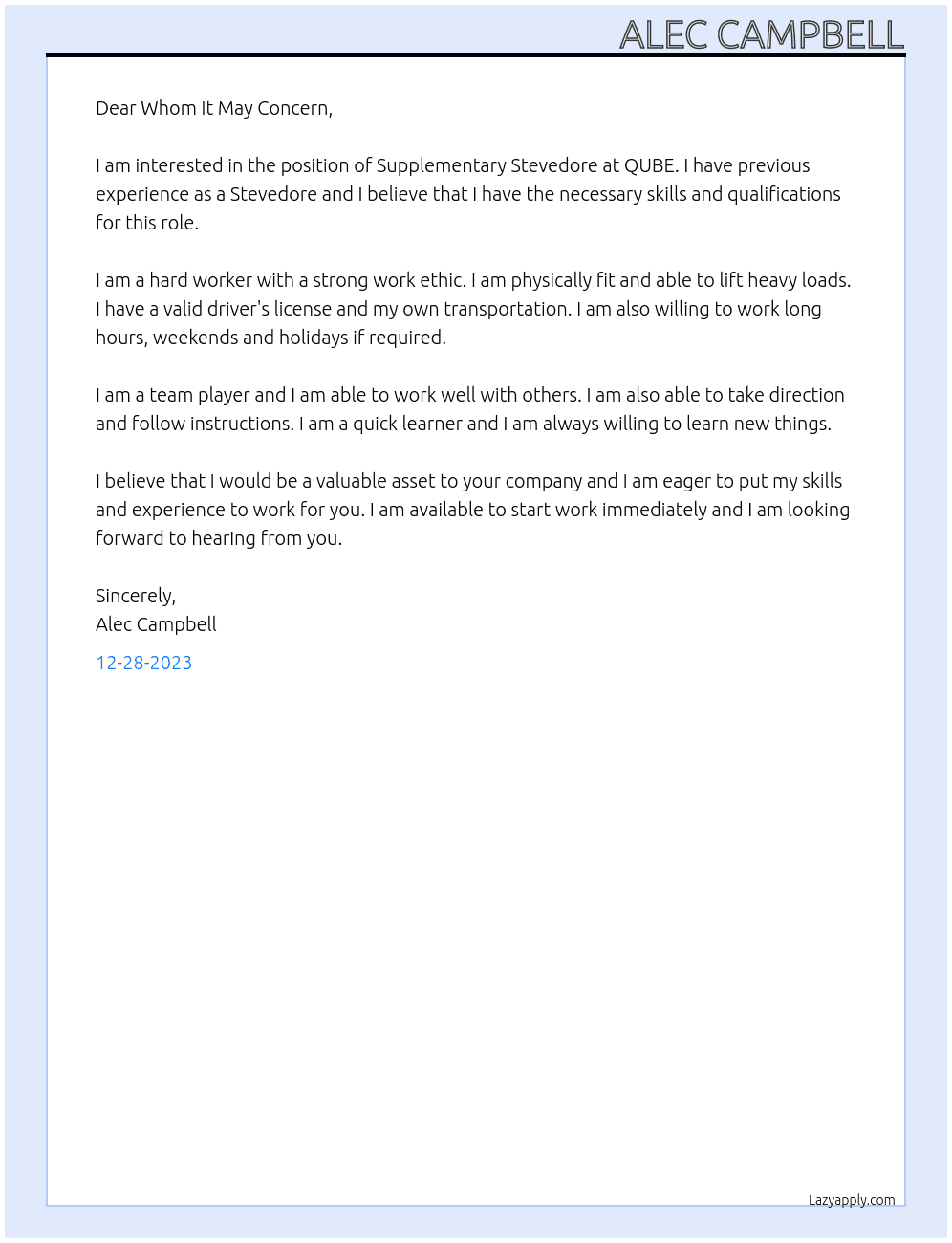 Supplementary Stevedore At QUBE Cover Letter