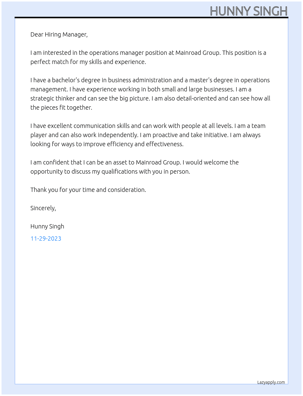 operations manager At Mainroad group Cover Letter