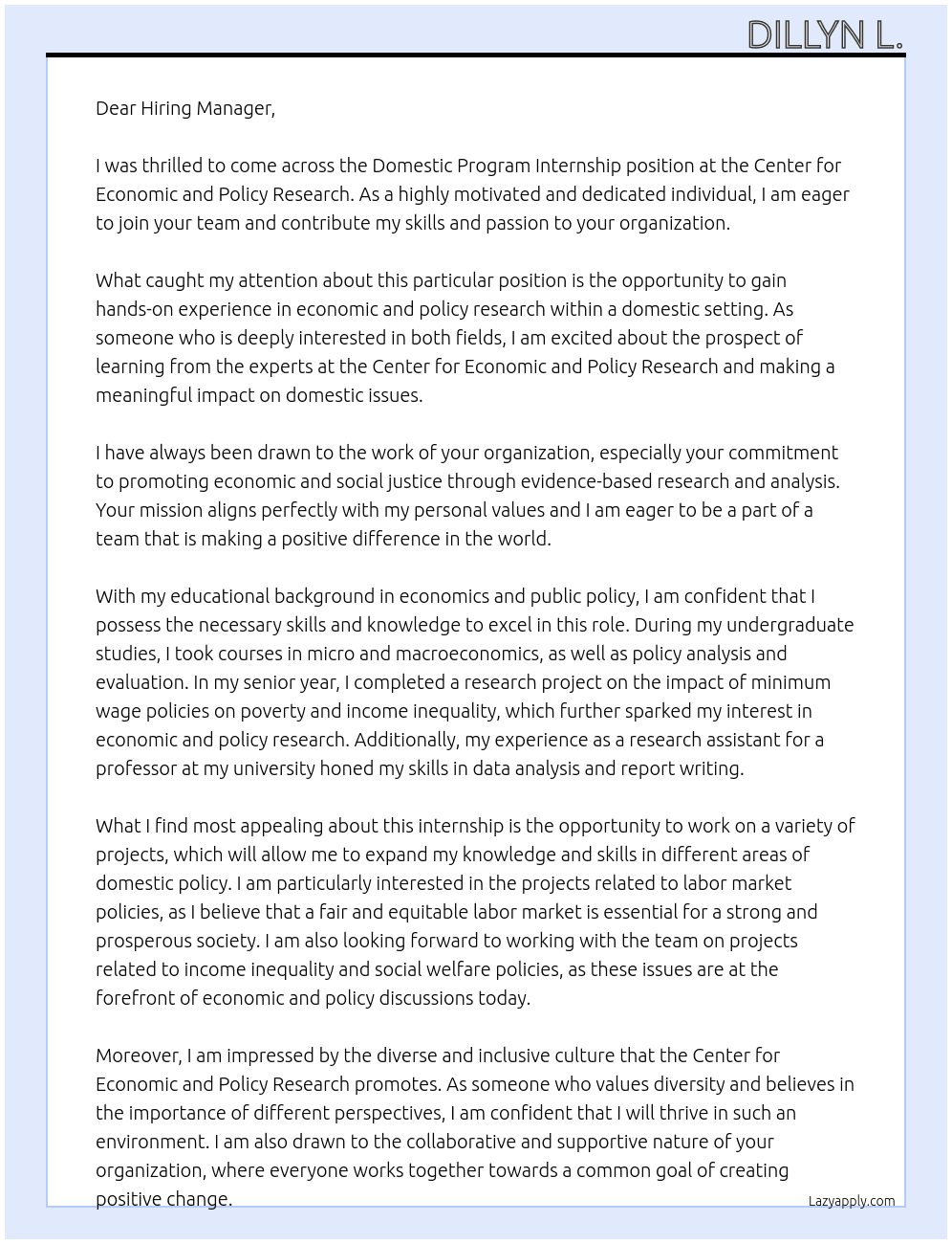 Domestic Program Internship At Center for Economic and Policy Research Cover Letter