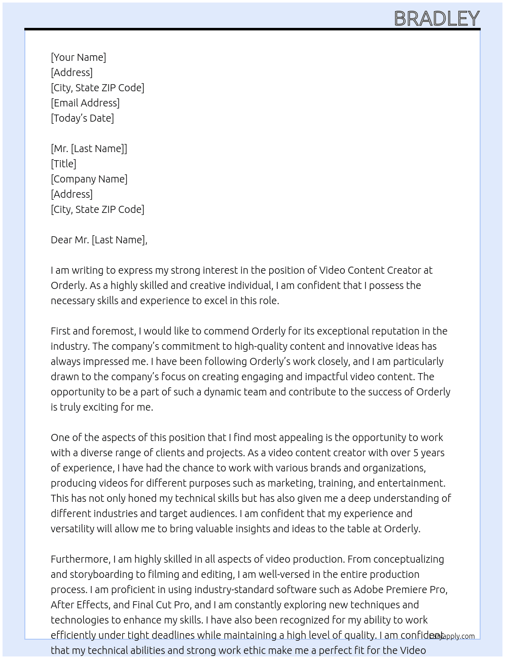 Video Content Creator At Orderly Cover Letter